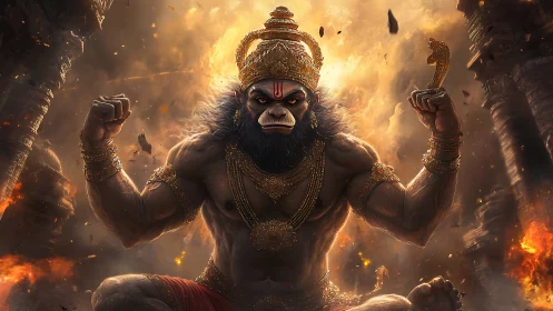 Fiery warrior deity rises in glowing mythic battlefield storm.