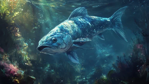 Silver-blue fish glides through luminous kelp forest seascape.