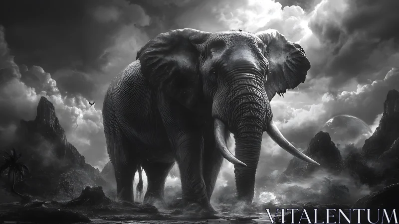 Majestic elephant strides calmly through a stormy fantasy land