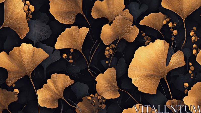Gold ginkgo leaf pattern on dark botanical background.