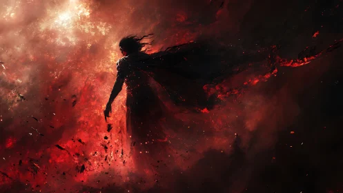 Emberborne silhouette strides through a storm of burning night.