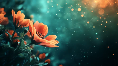 Orange flowers with bokeh particles on teal background.