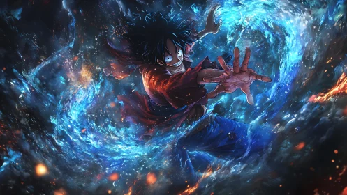 Dynamic anime hero channeling swirling blue elemental vortex