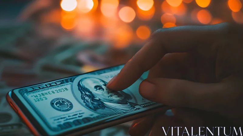 Digital cash concept with smartphone and dollar closeup glow.