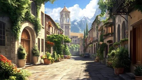 Quiet Mediterranean street with tower and distant mountains.