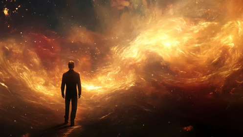Digital painting of lone figure before cosmic fire vortex.