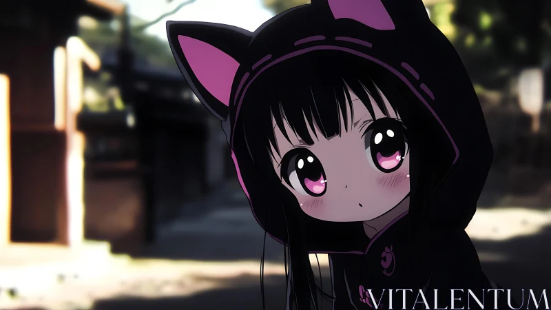 Soft-eyed anime girl in a cozy black cat hoodie explores quietly