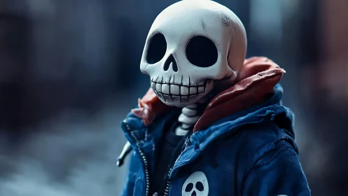 Streetwise skeleton figure in blue jacket under soft bokeh glow.