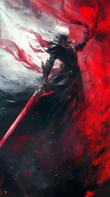 Armored dark warrior with red energy and glowing sword.