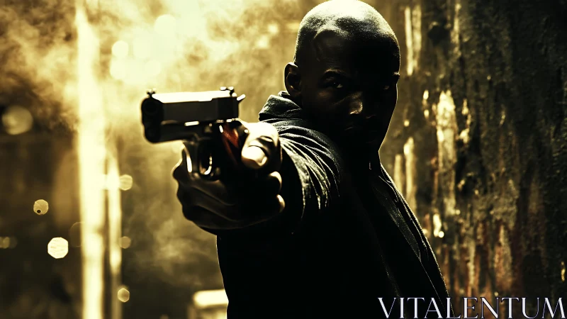 Shadow gunman framed in molten alleyway haze and glare.