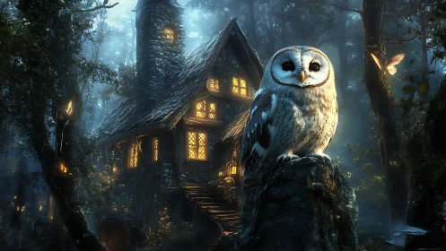 Moonlit forest owl guarding a crooked lantern-lit cottage.