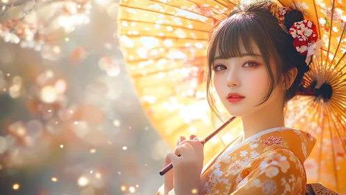 Elegant kimono girl under glowing parasol in spring light.