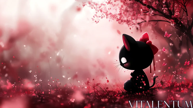 Black cat silhouette under pink blossoms with butterflies.