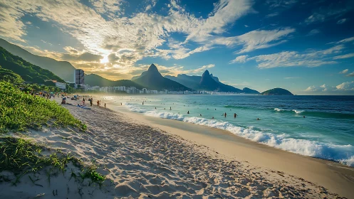 Ipanema Beach Golden Hour with Iconic Mountain Peaks.