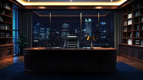 Executive office interior overlooks illuminated city skyline