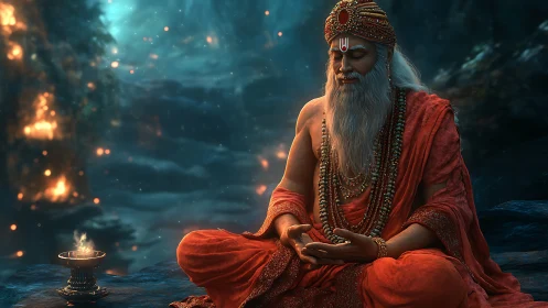 Elderly robed figure sits cross legged in illuminated cave