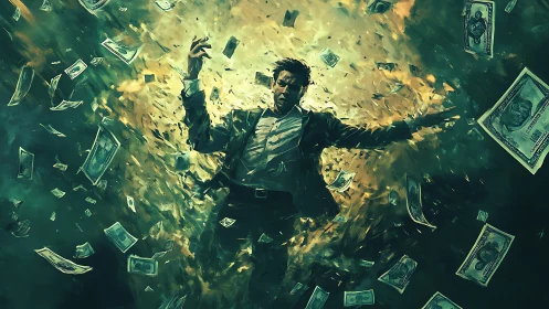 Storm of money and a man caught in the glowing whirlwind.