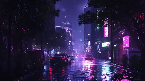 Neon-saturated rainy avenue under cinematic cyberpunk lighting.