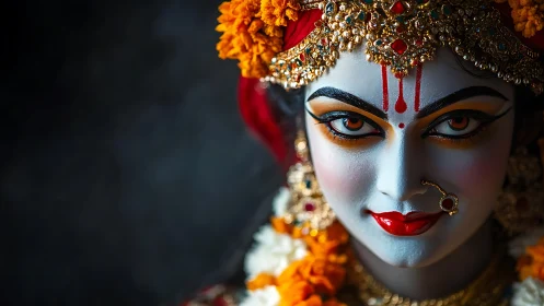 Detailed deity sculpture with vivid makeup and jewelry.