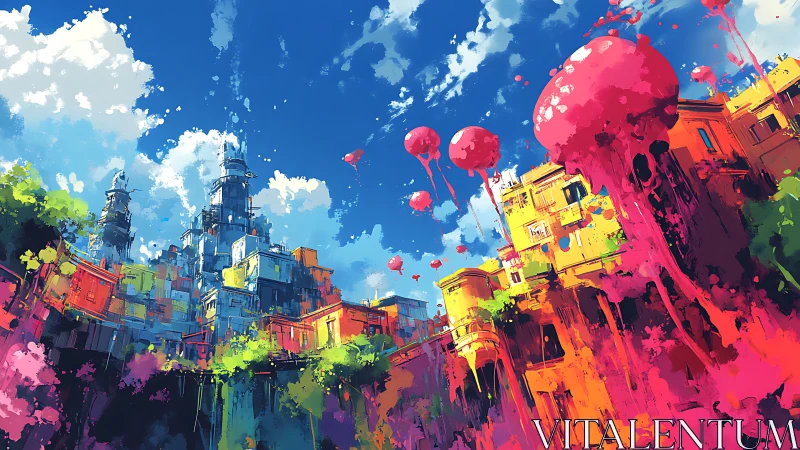 Color-drenched sky city with drifting pink jellyfish.