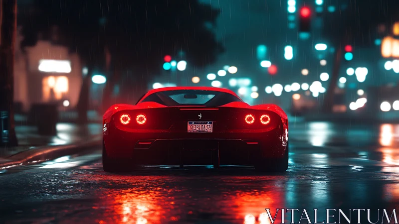 Red sports car on wet night city street in rain.