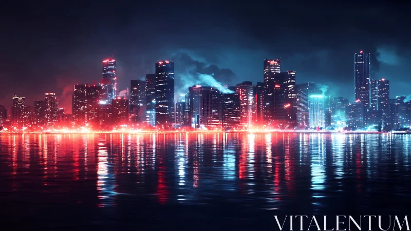 Neon-lit futuristic skyline glows over rippling waterfront at night