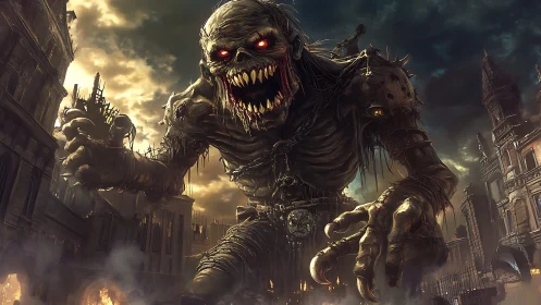 Nightmarish giant stalks a burning city in eerie detail