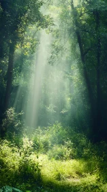 Sunlight Filters Through Dense Forest Canopy.