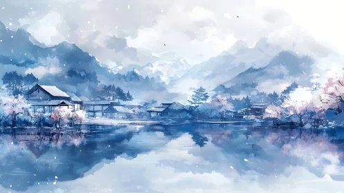 Serene lakeside village beneath misty blue mountain range.