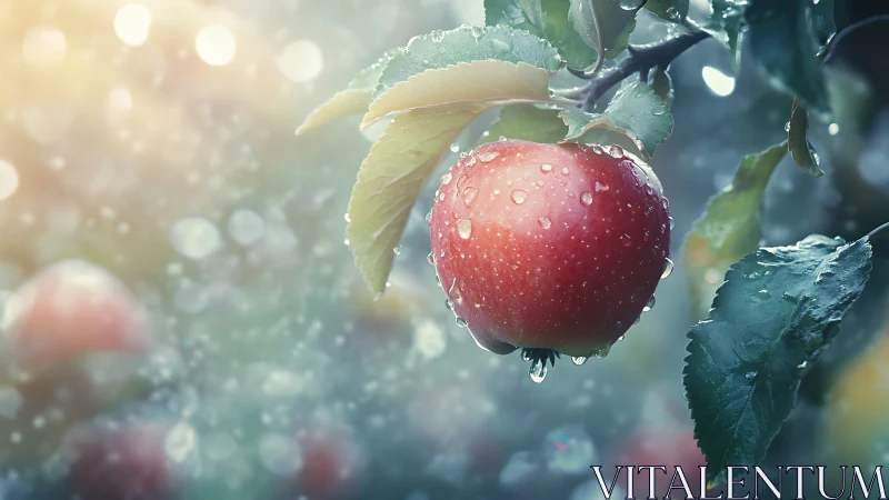 Rain-kissed apple glows in dreamy orchard morning light.