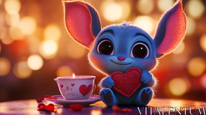 Adorable Blue Creature Holds Glittering Heart with Love