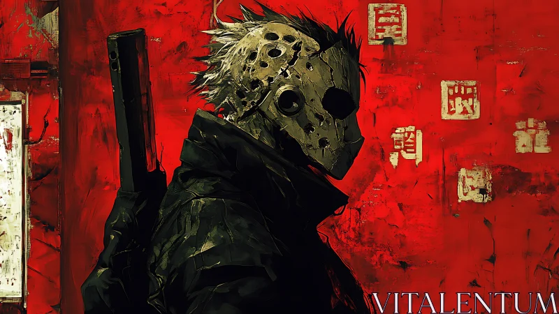 Masked gunman in gritty red urban dystopian backdrop.