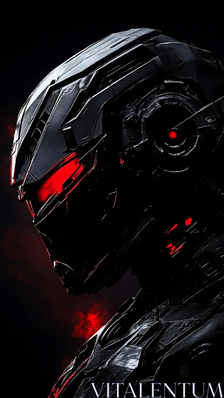 Crimson Circuit Sentinel in shadowed techno twilight.