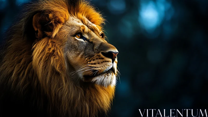 Golden-maned lion gazes calmly into the deep blue dusk