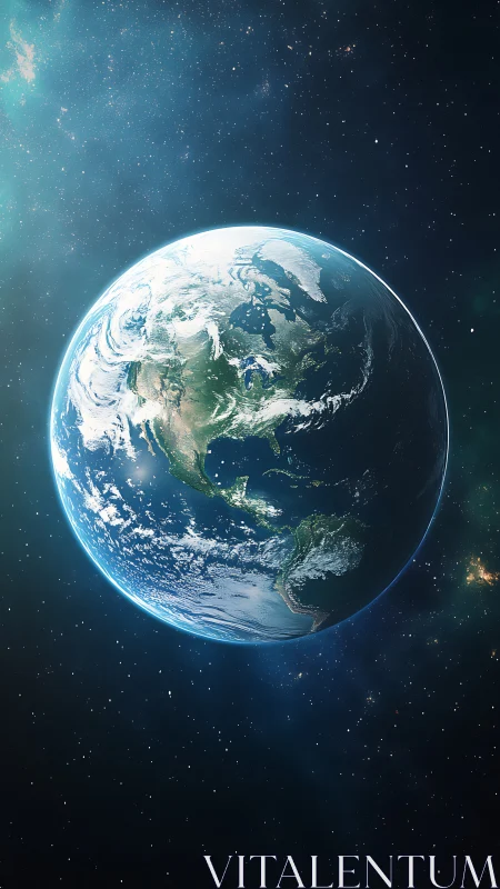 Planet Earth glows in deep space with vivid blue atmosphere.