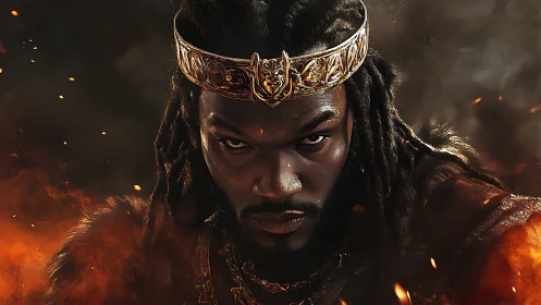 Regal figure with crown amid embers and dark background.