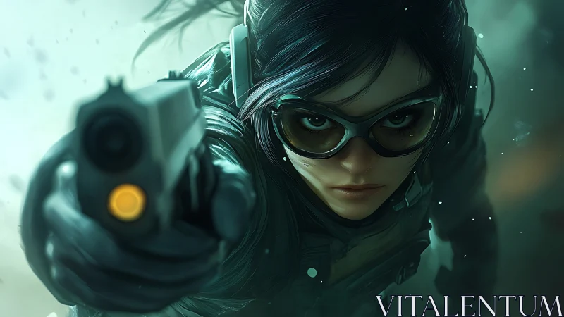 Female soldier points handgun directly at viewer in focus