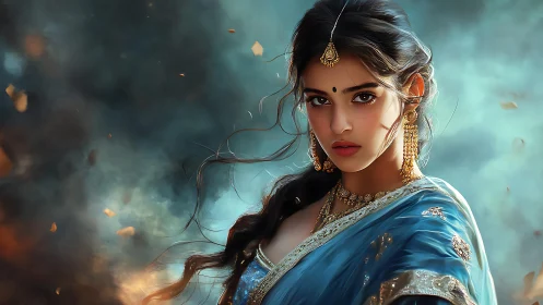 Graceful woman in blue sari amid swirling golden light.