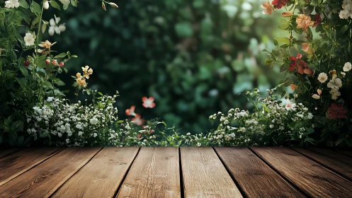 Wooden Deck With Layered Flowering Garden Border Composition