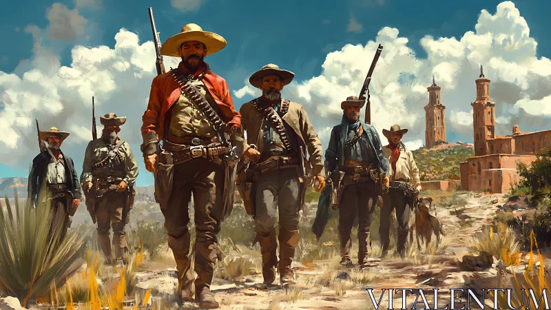 Paramilitary vaqueros advancing through arid mission ruins.