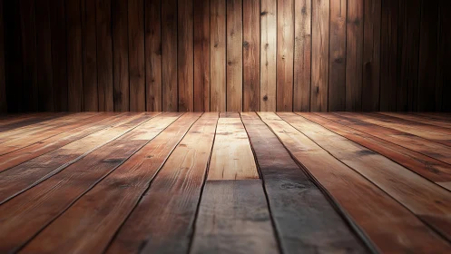 Rustic wooden room interior with warm plank flooring.