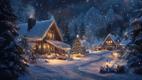 Snow-covered mountain village with illuminated cabins at night.