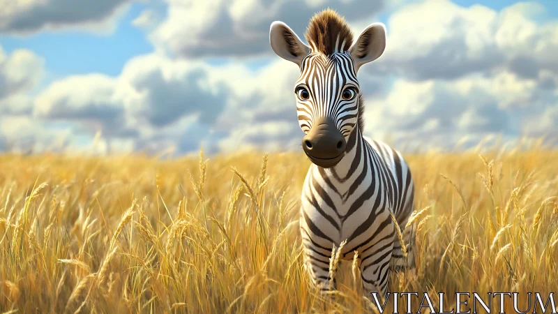 Bright eyed baby zebra strolling through golden grasslands.