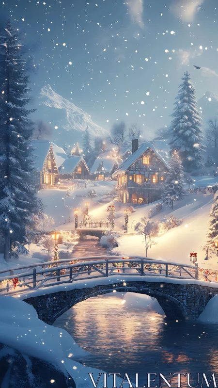 Snow covered village with lit houses and bridges at dusk