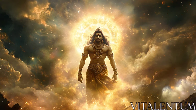 Radiant mythic warrior emerging from celestial golden nebula