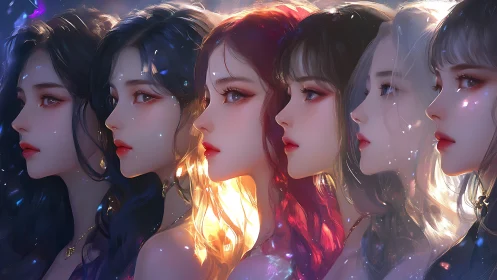 Profile sequence of six stylized female faces in gradient light