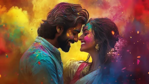 Couple with Holi Color Powder in Celebration