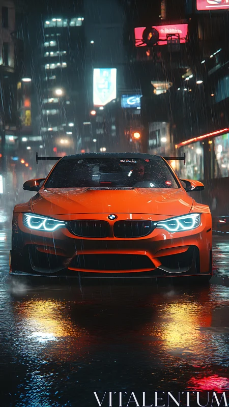 Orange BMW sports car in rainy neon city street at night.