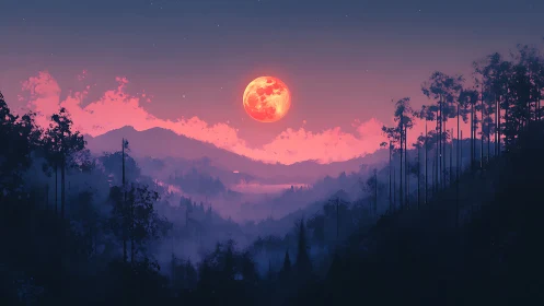 Crimson moon over misty forest valley at twilight.