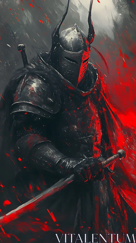 Dark armored knight advances through swirling red embers